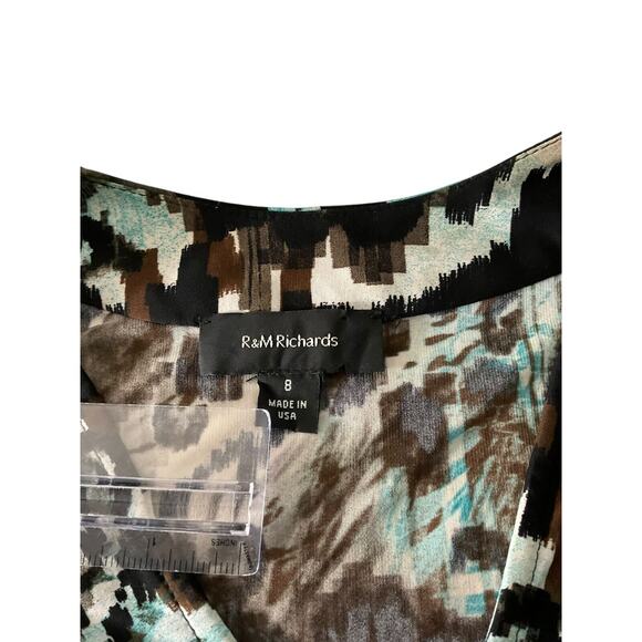 R&M Richards Size 8 Maxi Dress Teal Brown Abstract Print V Neck Belted - Picture 7 of 13